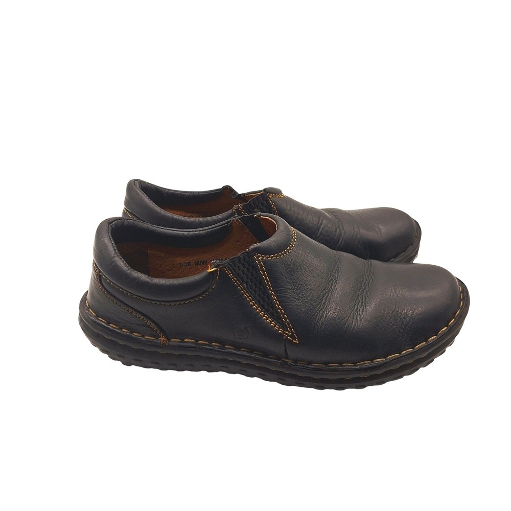Born Womens Black Leather Slip On Loafers Contrast Stitching Size 7 M/W W5642